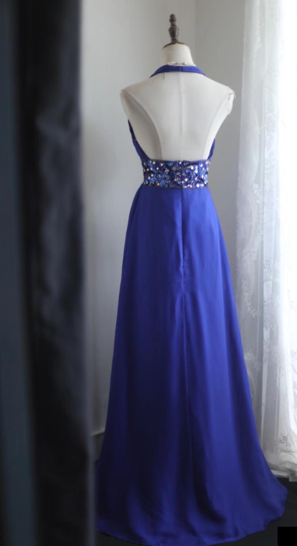 Royal Blue A-Line Halter Chiffon Satin Long Prom Dress V-neck Beaded Birthday Party Dress  ED01581