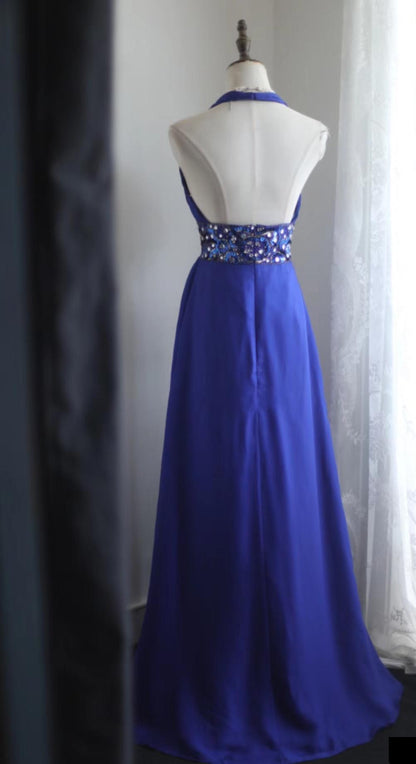 Royal Blue A-Line Halter Chiffon Satin Long Prom Dress V-neck Beaded Birthday Party Dress  ED01581