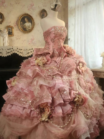 Sweet Pink Strapless Satin Tulle Sequin Beaded Diamond Long Ball Gown  ED01585