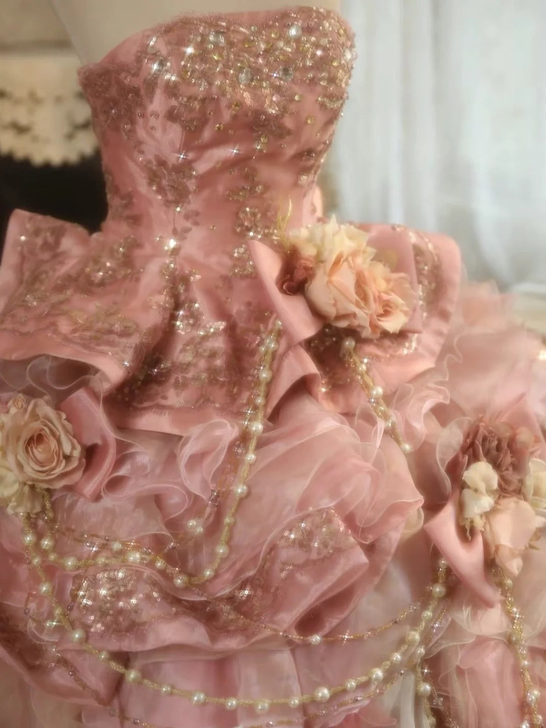 Sweet Pink Strapless Satin Tulle Sequin Beaded Diamond Long Ball Gown  ED01585