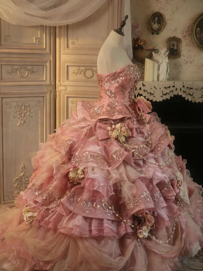 Sweet Pink Strapless Satin Tulle Sequin Beaded Diamond Long Ball Gown  ED01585