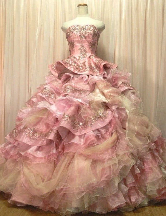Sweet Pink Strapless Satin Tulle Sequin Beaded Diamond Long Ball Gown  ED01585