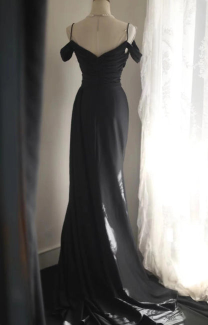 Elegant Black Mermaid Spaghetti Strap Satin Diamond Long Prom Dress Simple Evening Dress  ED01587