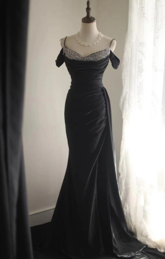 Elegant Black Mermaid Spaghetti Strap Satin Diamond Long Prom Dress Simple Evening Dress  ED01587