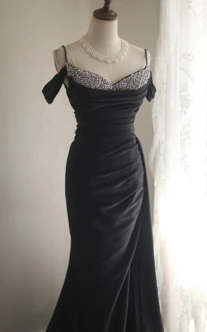 Elegant Black Mermaid Spaghetti Strap Satin Diamond Long Prom Dress Simple Evening Dress  ED01587