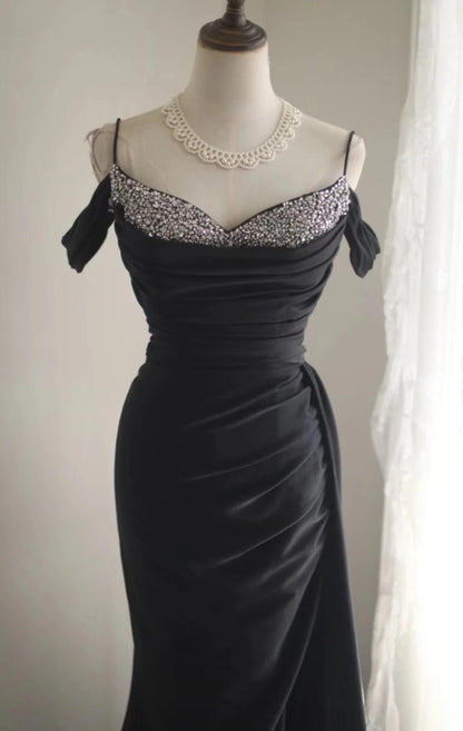 Elegant Black Mermaid Spaghetti Strap Satin Diamond Long Prom Dress Simple Evening Dress  ED01587