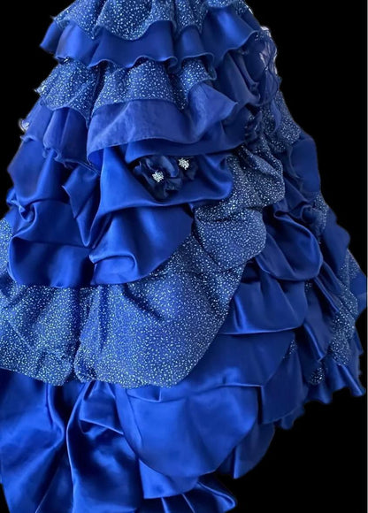 Vintage A-Line Strapless Satin Tulle Long Ball Dress Klein Blue 3D Applique Evening Dress  ED01591