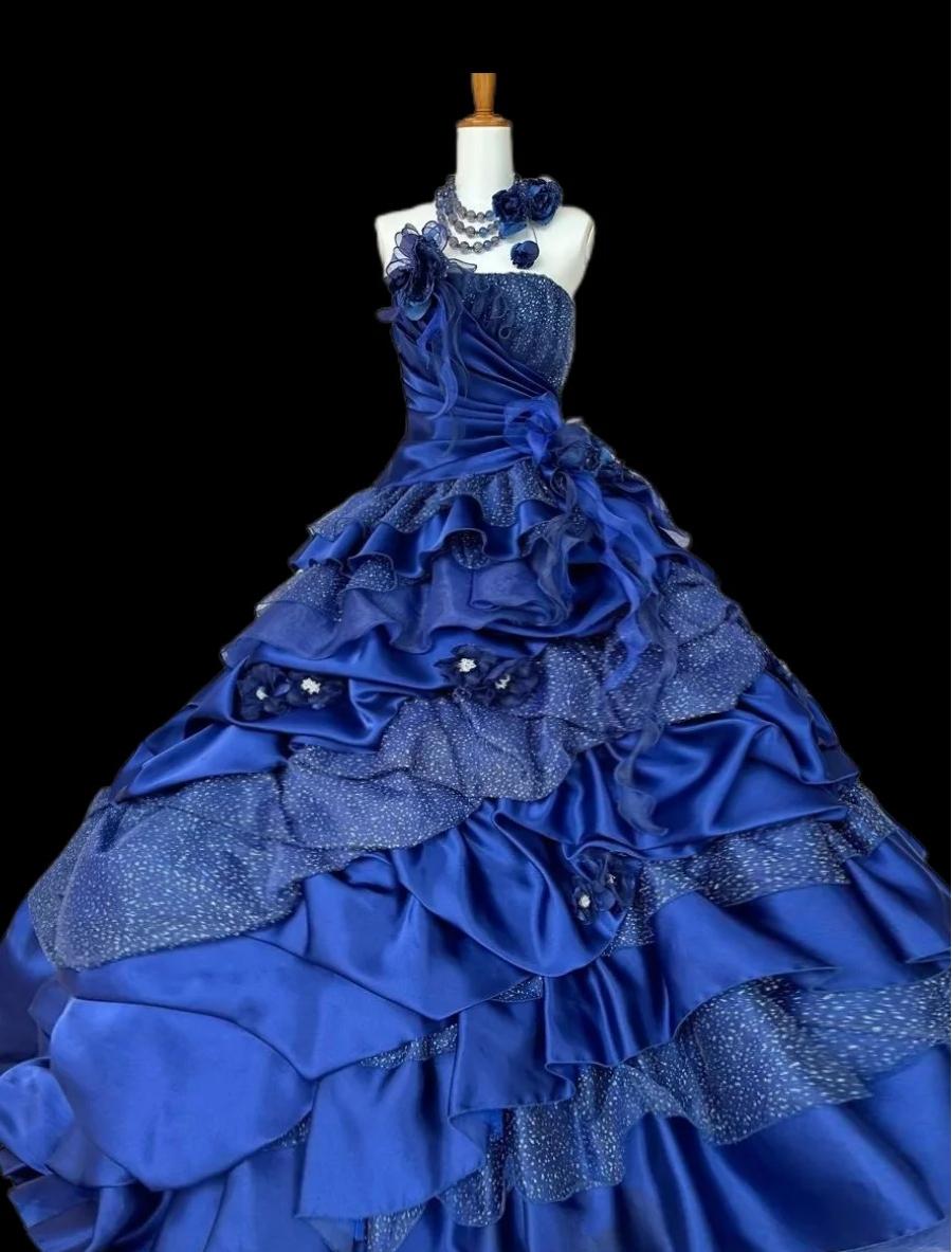 Vintage A-Line Strapless Satin Tulle Long Ball Dress Klein Blue 3D Applique Evening Dress  ED01591