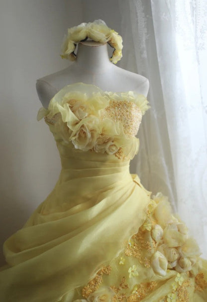 Sweet Yellow A-Line Strapless Organza Wedding Dress with Appliques and Rhinestones Long Evening Gown ED01595