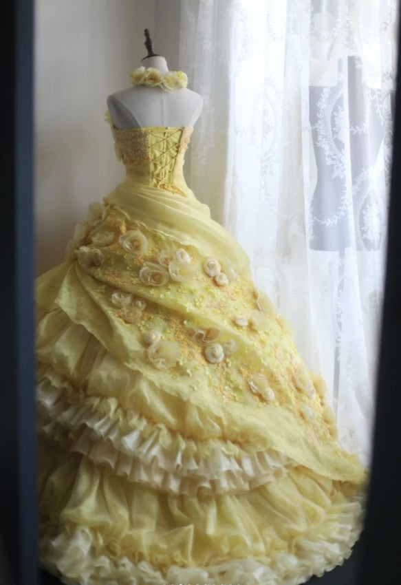 Sweet Yellow A-Line Strapless Organza Wedding Dress with Appliques and Rhinestones Long Evening Gown ED01595