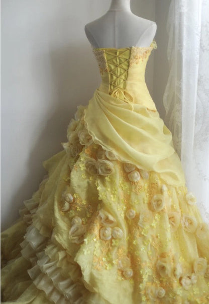 Sweet Yellow A-Line Strapless Organza Wedding Dress with Appliques and Rhinestones Long Evening Gown ED01595