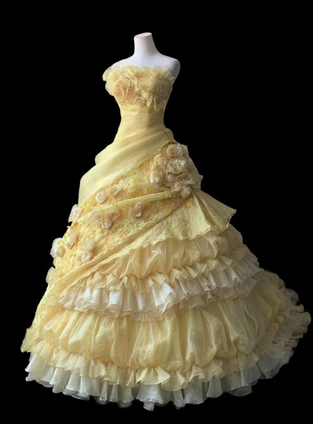 Sweet Yellow A-Line Strapless Organza Wedding Dress with Appliques and Rhinestones Long Evening Gown ED01595