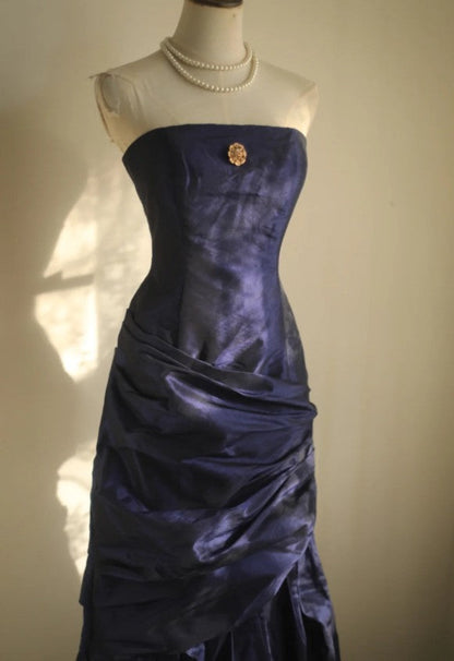 Simple Mermaid Strapless Taffeta Pleated Long Prom Dress Evening Gown ED01594