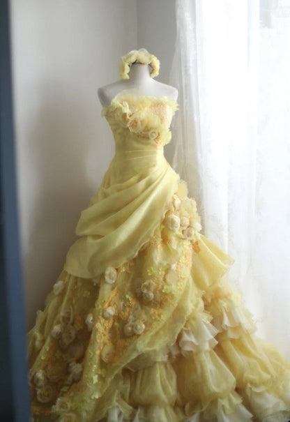 Sweet Yellow A-Line Strapless Organza Wedding Dress with Appliques and Rhinestones Long Evening Gown ED01595