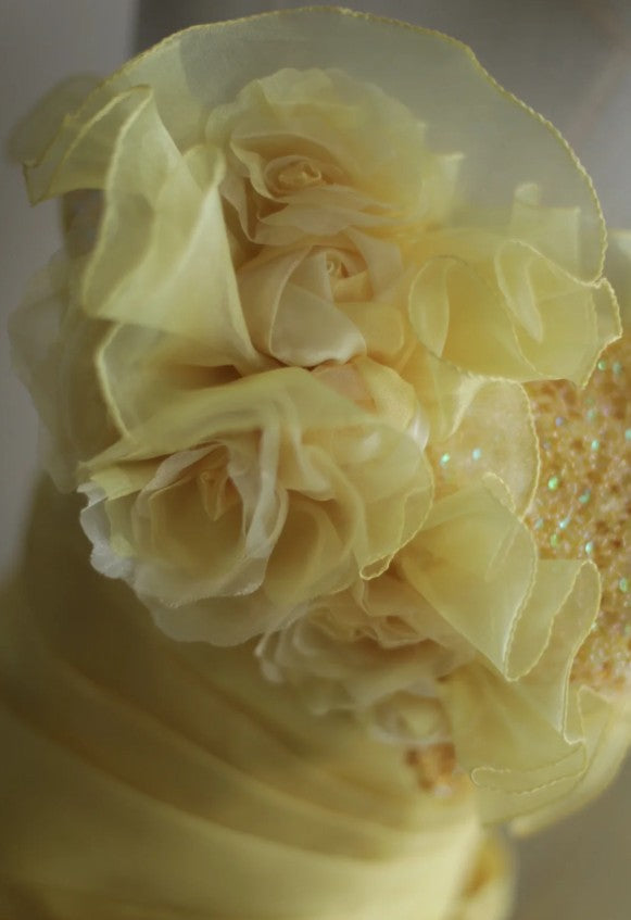 Sweet Yellow A-Line Strapless Organza Wedding Dress with Appliques and Rhinestones Long Evening Gown ED01595