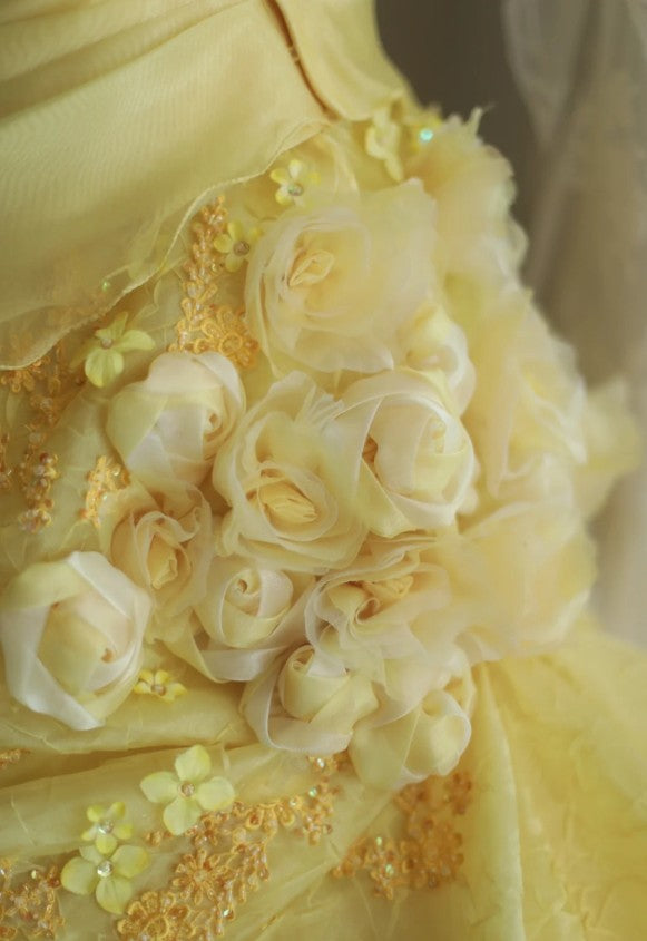 Sweet Yellow A-Line Strapless Organza Wedding Dress with Appliques and Rhinestones Long Evening Gown ED01595