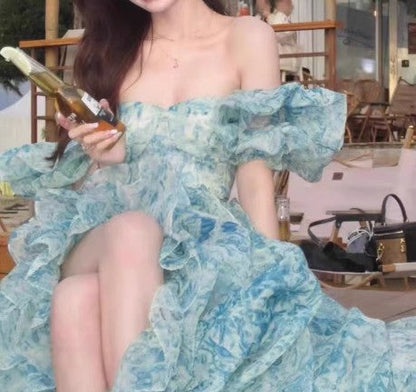 Sweet A-Line off-shoulder organza print Long Prom Dress Birthday Adult Ceremony Dress ED01602