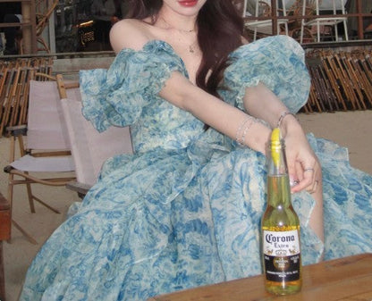 Sweet A-Line off-shoulder organza print Long Prom Dress Birthday Adult Ceremony Dress ED01602