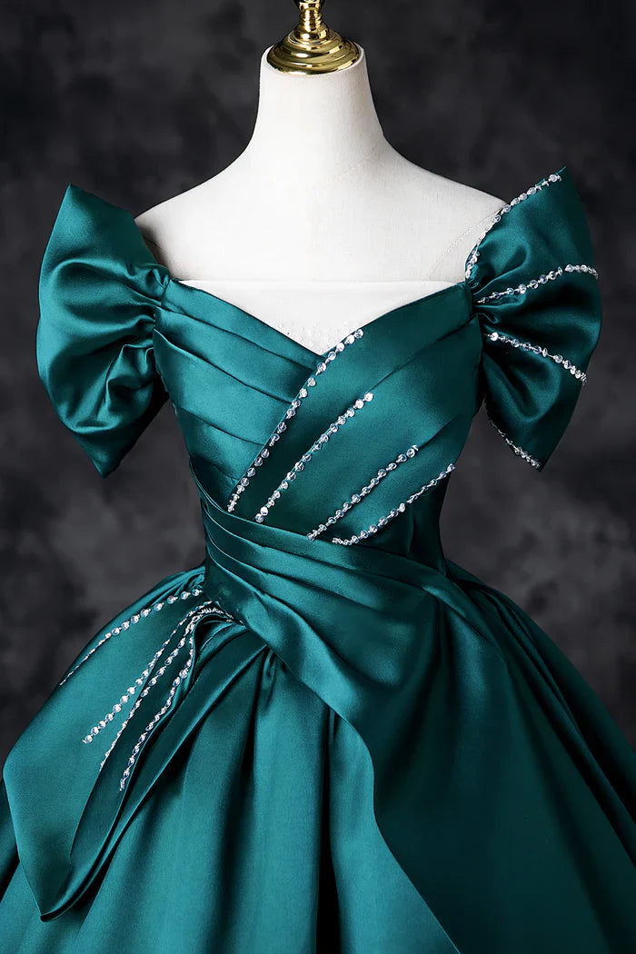 Teal A-Line Off the Shoulder Satin Long Prom Dress, Elegant Evening Dress ED01603