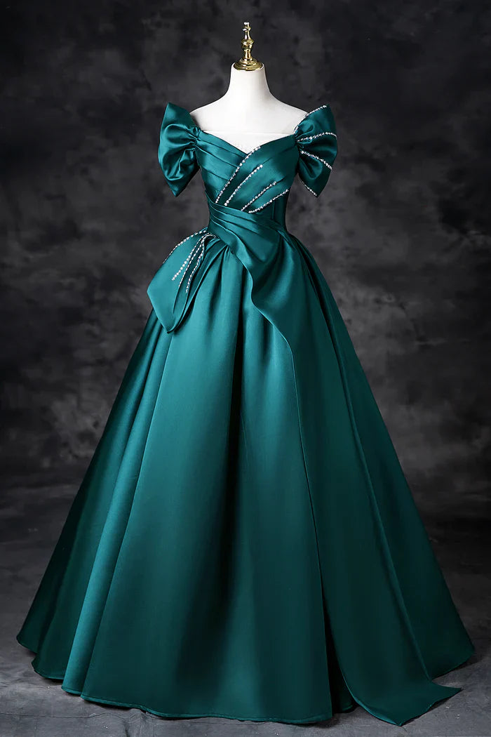 Teal A-Line Off the Shoulder Satin Long Prom Dress, Elegant Evening Dress ED01603