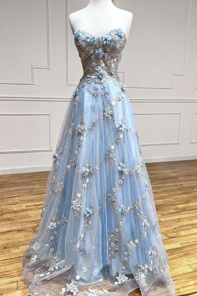 Blue  A-Line Sweetheart Tulle Appliques Long Prom Dress, Strapless Evening Dress ED01609