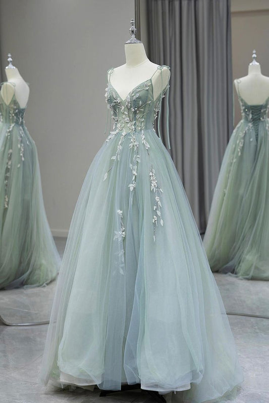 A-Line V Neck Tulle Beaded Applique Long Prom Dress, Spaghetti Strap Formal Evening Dress ED01611