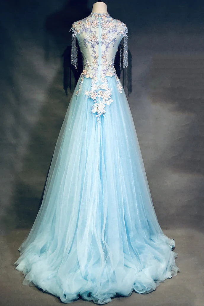 Modest Sky Blue A-Line Tulle Beading Embroidery Appliques Long Prom Dress Pageant Gown ED01613