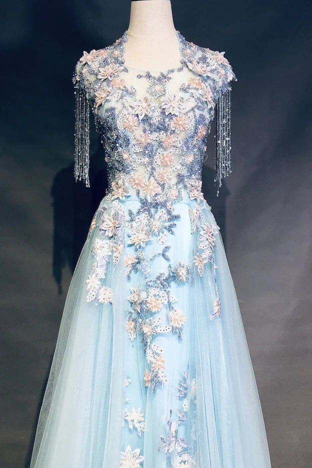 Modest Sky Blue A-Line Tulle Beading Embroidery Appliques Long Prom Dress Pageant Gown ED01613