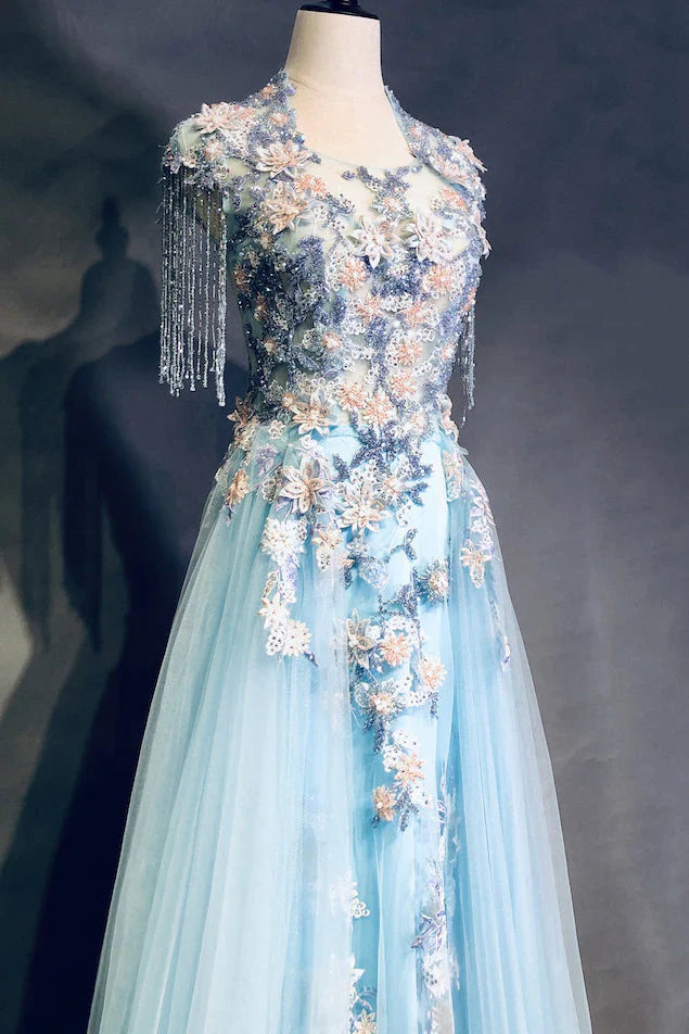 Modest Sky Blue A-Line Tulle Beading Embroidery Appliques Long Prom Dress Pageant Gown ED01613