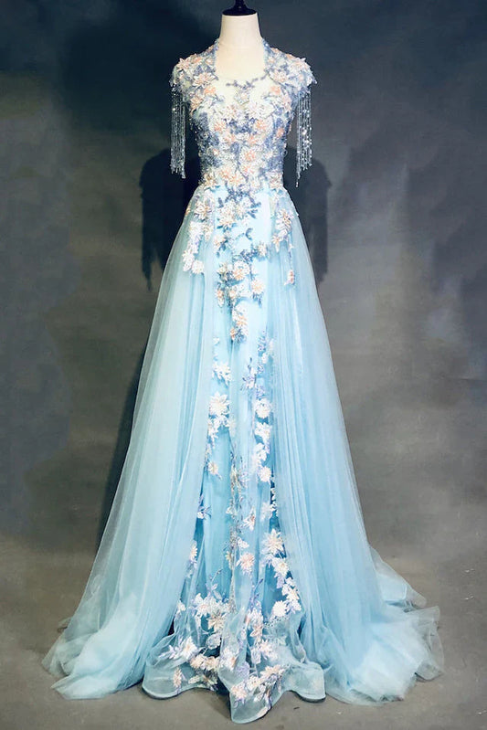 Modest Sky Blue A-Line Tulle Beading Embroidery Appliques Long Prom Dress Pageant Gown ED01613