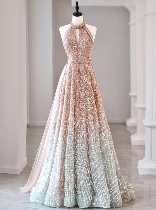 A-Line Halter Neck Sequined Tulle Long Prom Dress, Formal Evening Dress ED01614