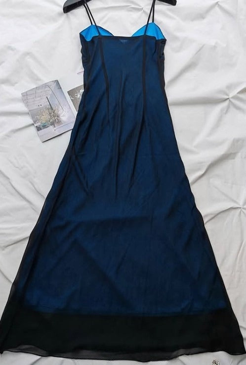 Navy Blue Mermaid Spaghetti Strap Tulle Beading Long Prom Dress V-Neck Vintage Party Dress ED01616