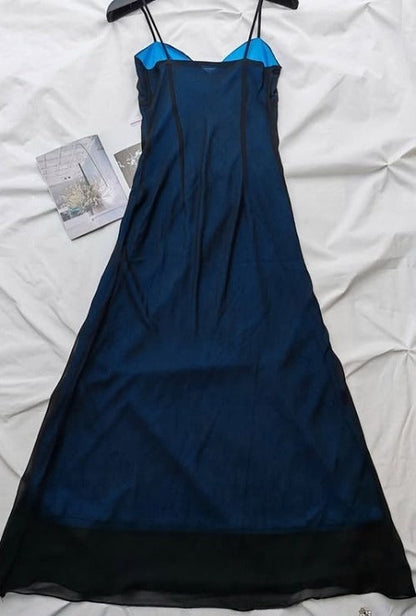 Navy Blue Mermaid Spaghetti Strap Tulle Beading Long Prom Dress V-Neck Vintage Party Dress ED01616