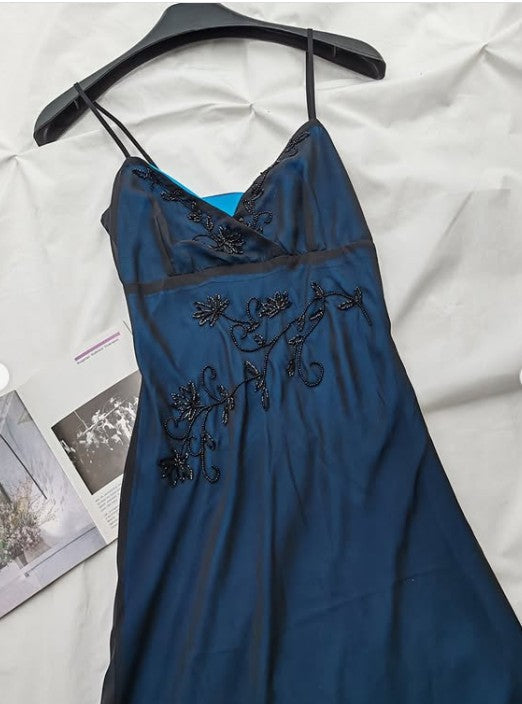 Navy Blue Mermaid Spaghetti Strap Tulle Beading Long Prom Dress V-Neck Vintage Party Dress ED01616