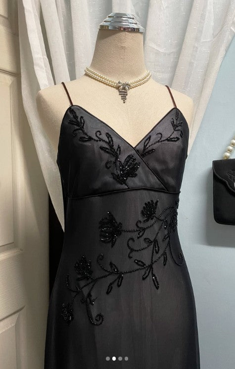 Navy Blue Mermaid Spaghetti Strap Tulle Beading Long Prom Dress V-Neck Vintage Party Dress ED01616