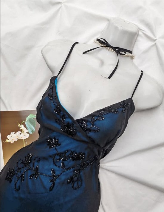 Navy Blue Mermaid Spaghetti Strap Tulle Beading Long Prom Dress V-Neck Vintage Party Dress ED01616