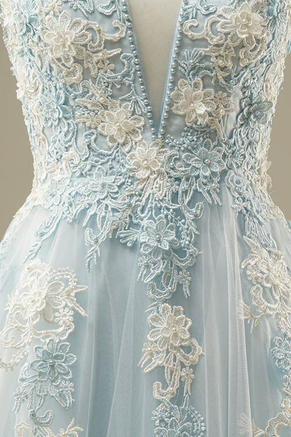 Light Blue A-Line Spaghetti Strap Tulle Beading Long Prom Dress Sweet Embroidery Applique Evening Dress for Graduation ED01617