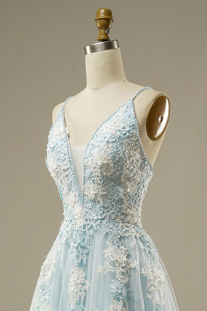 Light Blue A-Line Spaghetti Strap Tulle Beading Long Prom Dress Sweet Embroidery Applique Evening Dress for Graduation ED01617