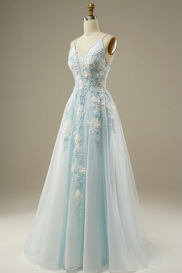 Light Blue A-Line Spaghetti Strap Tulle Beading Long Prom Dress Sweet Embroidery Applique Evening Dress for Graduation ED01617