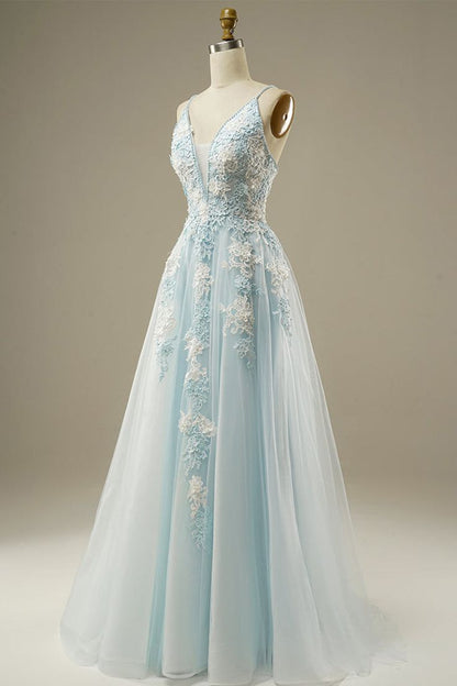Light Blue A-Line Spaghetti Strap Tulle Beading Long Prom Dress Sweet Embroidery Applique Evening Dress for Graduation ED01617