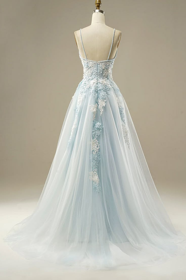 Light Blue A-Line Spaghetti Strap Tulle Beading Long Prom Dress Sweet Embroidery Applique Evening Dress for Graduation ED01617