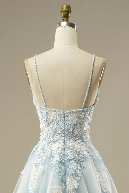 Light Blue A-Line Spaghetti Strap Tulle Beading Long Prom Dress Sweet Embroidery Applique Evening Dress for Graduation ED01617