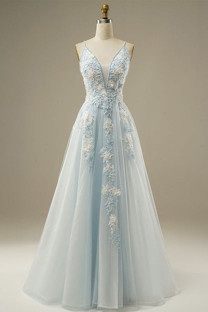 Light Blue A-Line Spaghetti Strap Tulle Beading Long Prom Dress Sweet Embroidery Applique Evening Dress for Graduation ED01617