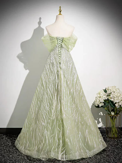 Sage A-Line Off the Shoulder Glittering Tulle Sequins Long Prom Dress Sweet 16 Dress ED01618