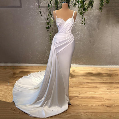 Elegant White Mermaid Sweetheart Satin Beaded Long Prom Dress Formal Spaghetti Strap Evening Gown ED01620