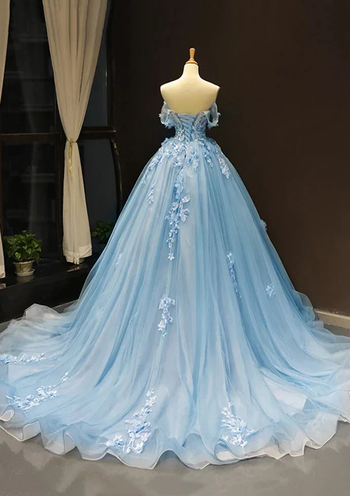 A-Line Off-the-Shoulder Sweetheart Sweep Train Tulle Prom Dress, Sky Blue Applique Wedding Dress ED01621