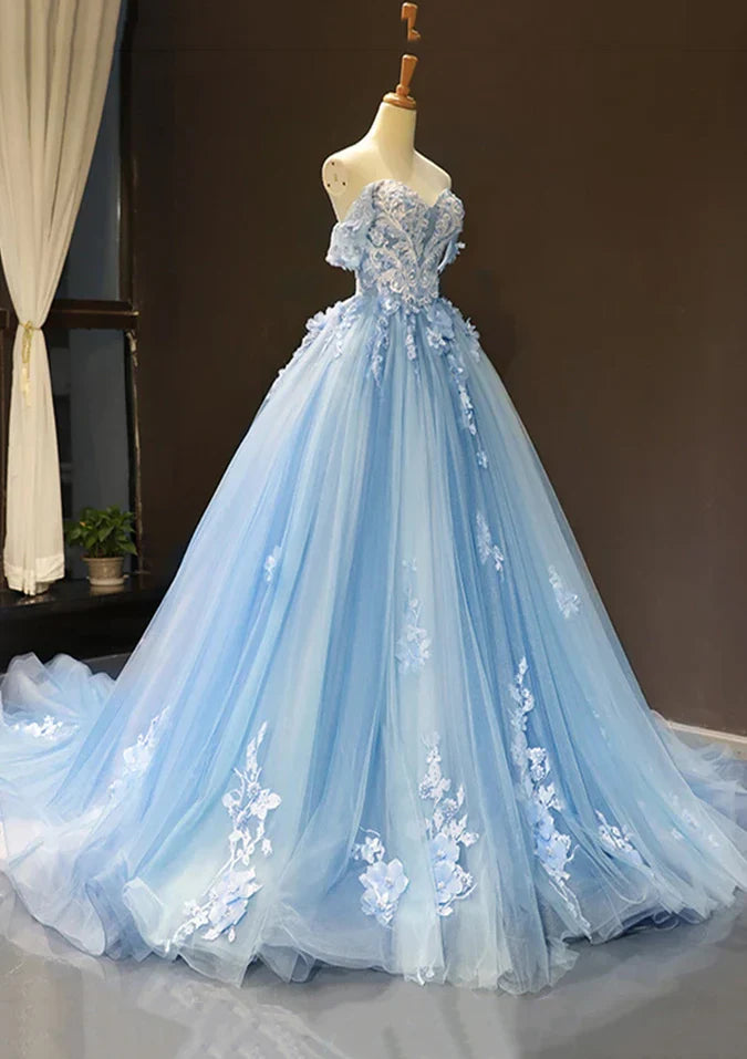 A-Line Off-the-Shoulder Sweetheart Sweep Train Tulle Prom Dress, Sky Blue Applique Wedding Dress ED01621