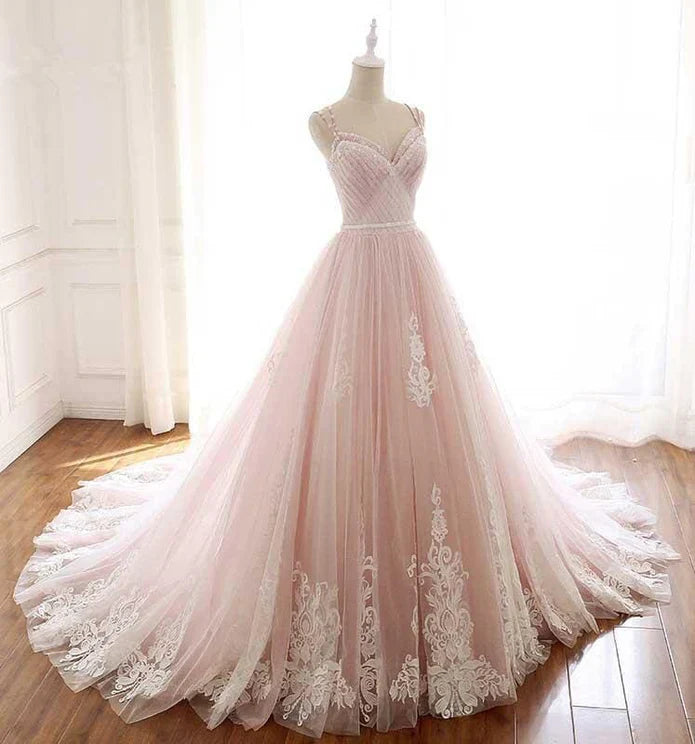 Pink A Line Spaghetti Strap Tulle Beaded Long Prom Dress Sweet Applique Wedding Dress ED01622