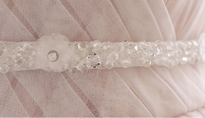 Pink A Line Spaghetti Strap Tulle Beaded Long Prom Dress Sweet Applique Wedding Dress ED01622