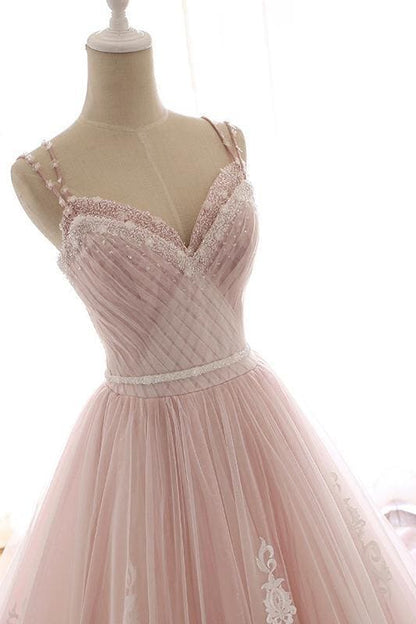 Pink A Line Spaghetti Strap Tulle Beaded Long Prom Dress Sweet Applique Wedding Dress ED01622